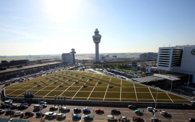 Green roof with photovolaics on a terminal building